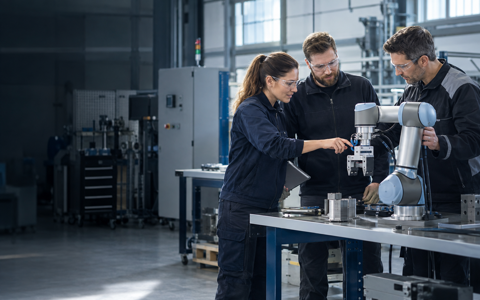 Équipe NEXORA réunie autour d’un robot industriel dans un atelier