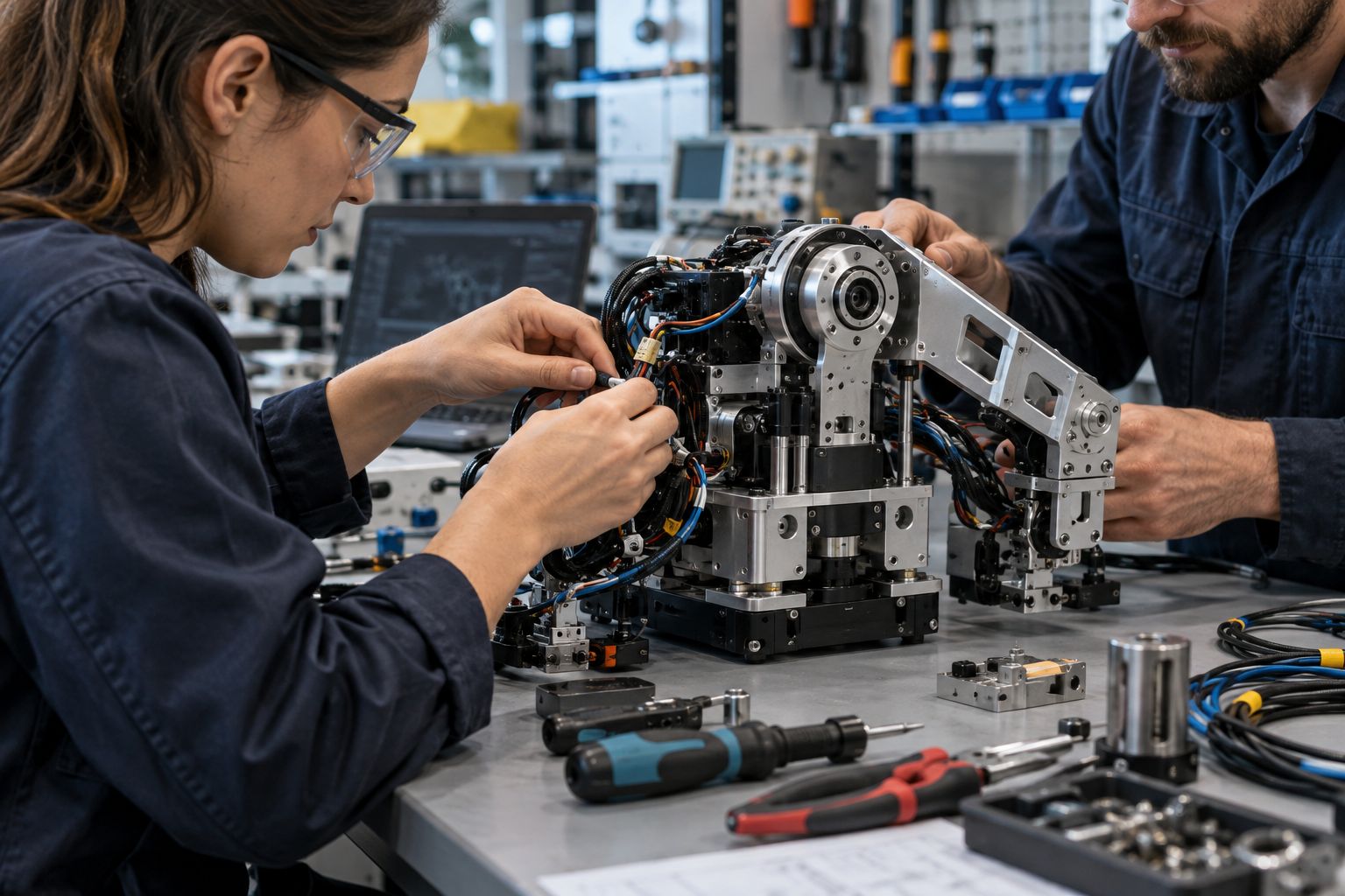Techniciens NEXORA réalisant l’intégration électrique et mécanique d’un robot